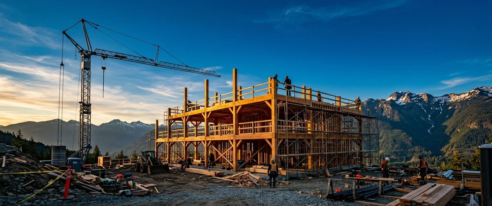 A construction site at dusk with a crane, representing the Build pillar of BC PNP Skills Immigration