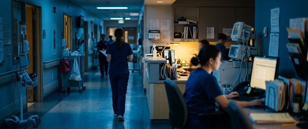 A nurse walking through a hospital corridor, representing the Care pillar of BC PNP Skills Immigration
