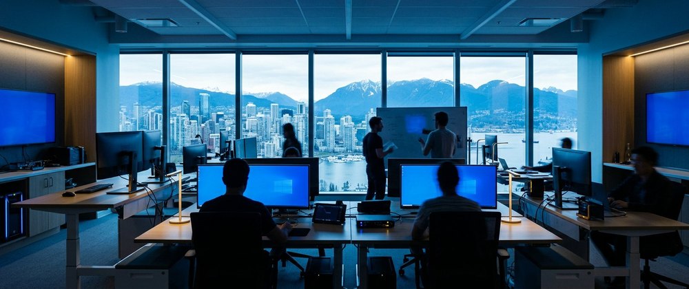 A tech office overlooking the Vancouver skyline, representing the Innovate pillar of BC PNP Skills Immigration